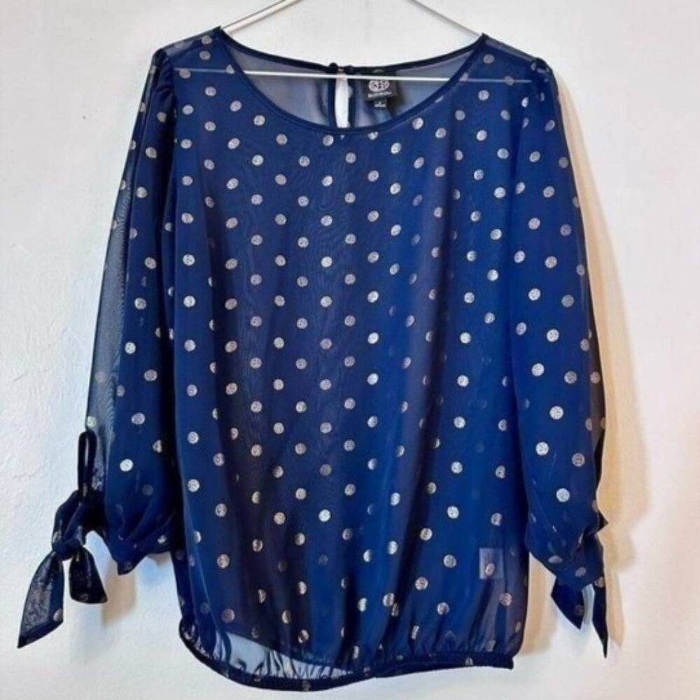 Nordstrom Bobeau Navy and Gold Polka Dot Blouse with Notch Back and Bow Sleeves